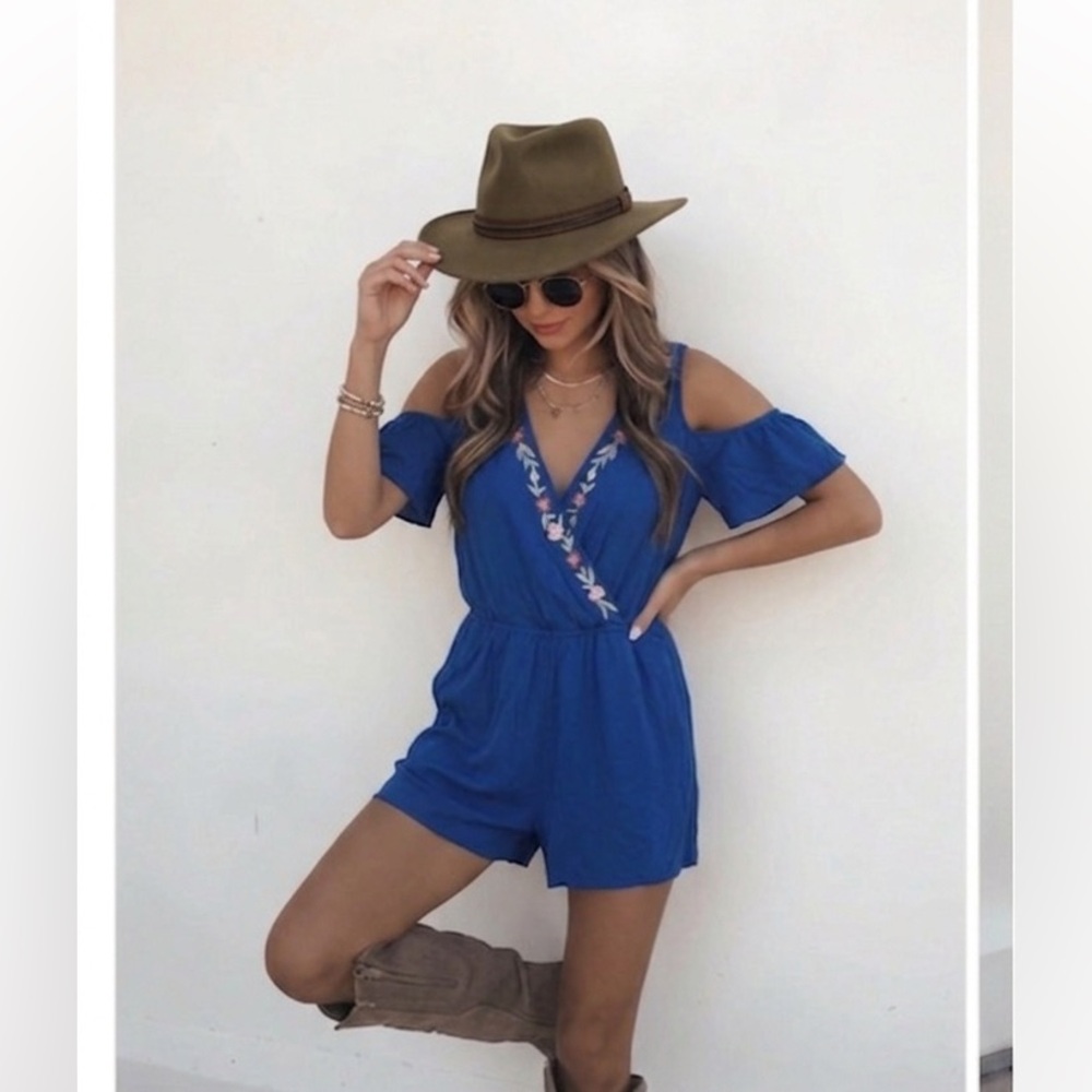 Royal Blue Cold-Shoulder Embroidered Romper by Miami Sz Large (fits like M/L)